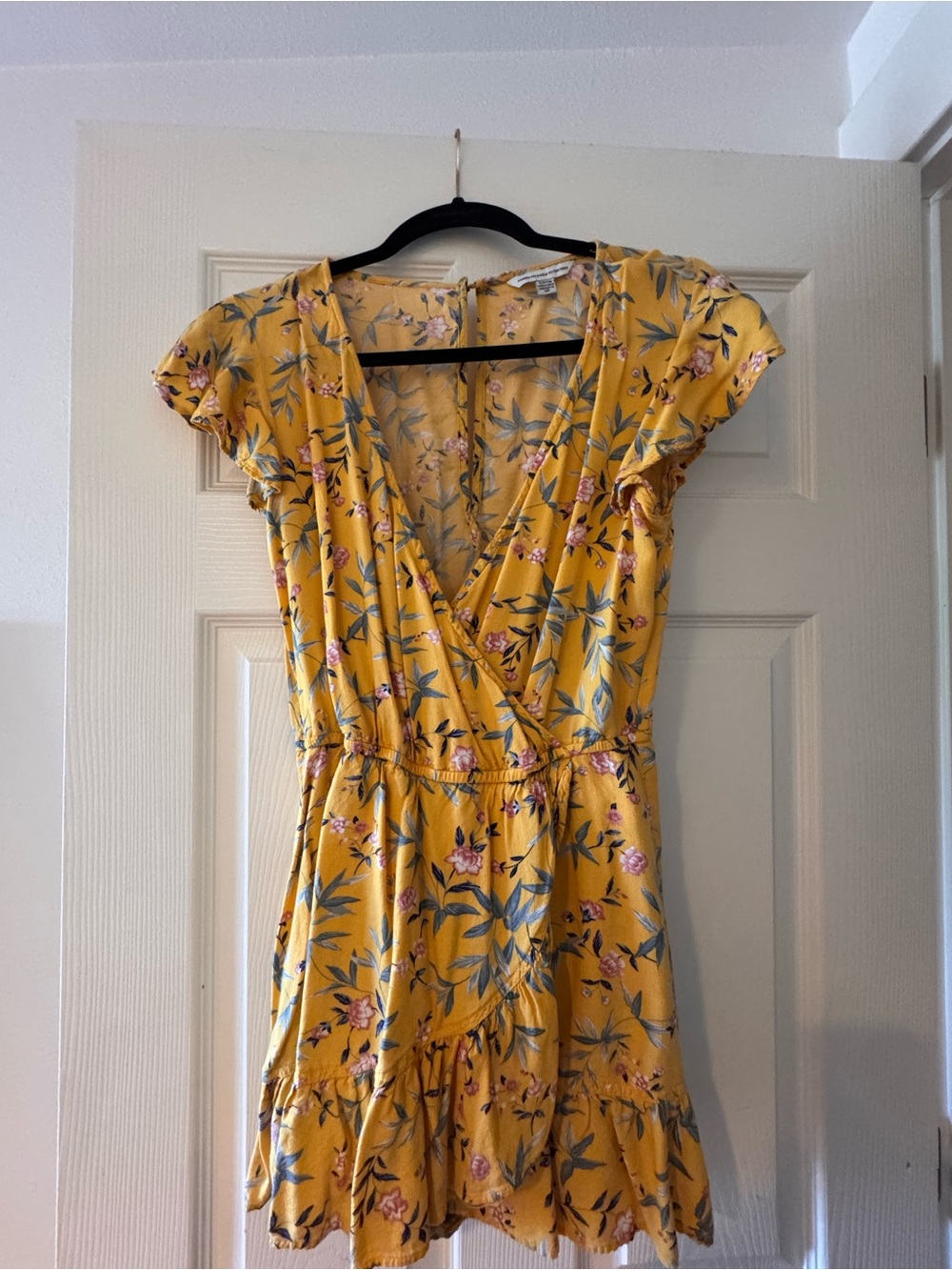 American Eagle Outfitters Yellow Floral Wrap Mini Dress